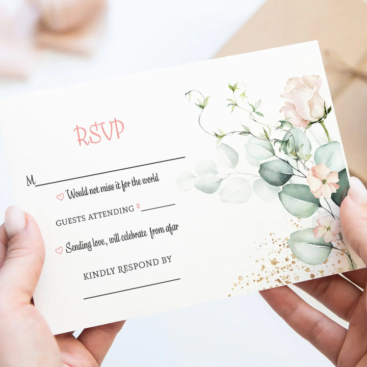 Blush Greenery Pink Floral RSVP Cards - Wedding Response Set, 3.5x5, Envelopes Included, 25 Pack