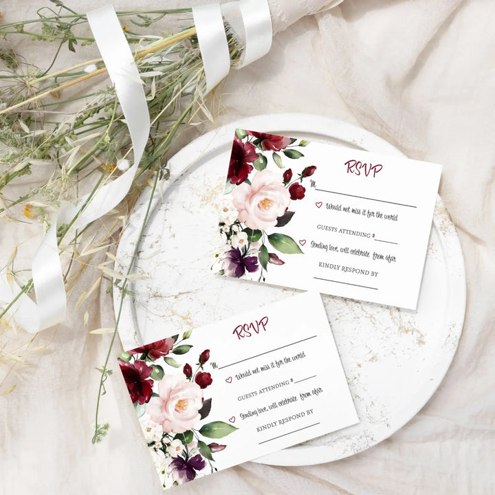 Boho Burgundy Blossom RSVP Cards Contemporary Floral, 3.5x5, Pack of 25