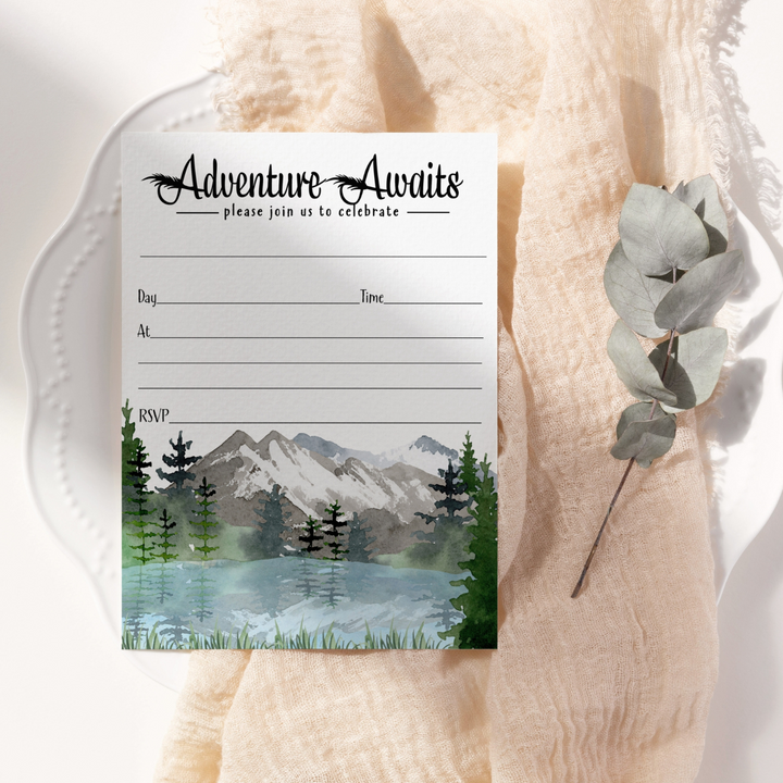 Adventure Awaits Party Invitations with Envelopes, 25 Pack, Rustic Mountain, 5x7 Blank Cards for All Occasions - Paper Clever Party