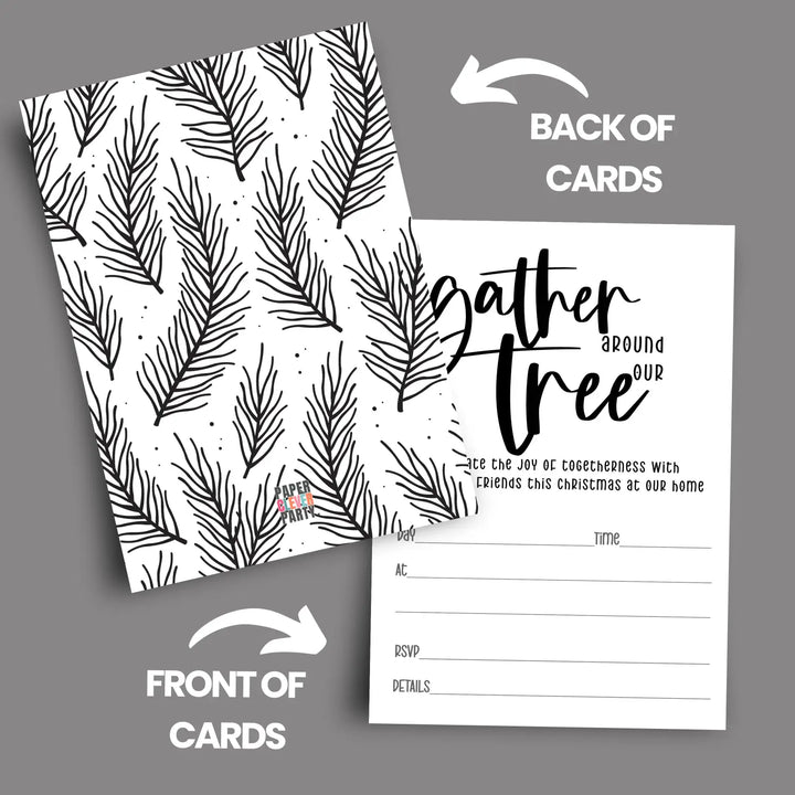 Elegant Black & White Christmas Tree Invitations - “Gather Around Our Tree” - 20 Pack