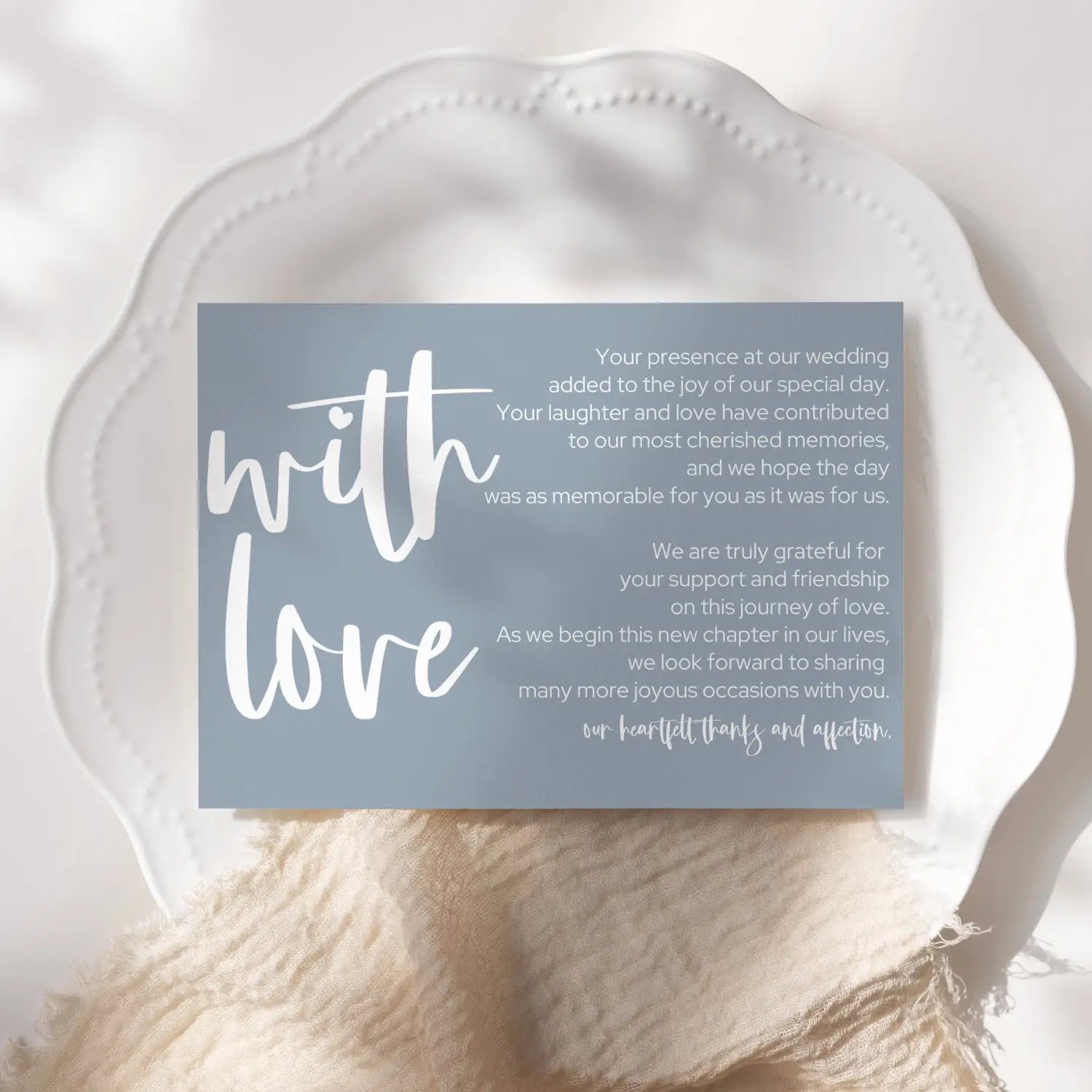 Wedding thank you place setting cards (25 pack) - elegant dusty blue with white lettering - beautiful 4x6 appreciation