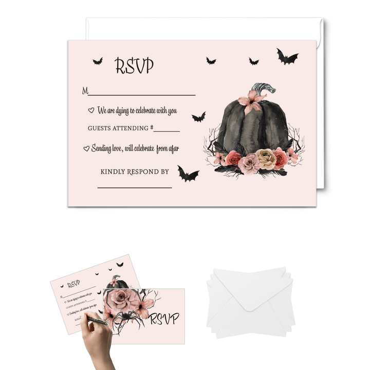 Halloween RSVP Cards - Spooky Chic Gothic Pink & Black Pumpkin Design with Spiders and Floral - Set of 25 - Paper Clever Party