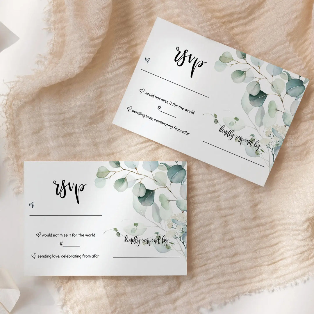 Eucalyptus Greenery RSVP Cards - Rustic Wedding Response Set, 3.5x5, Envelopes Included, 25 Pack