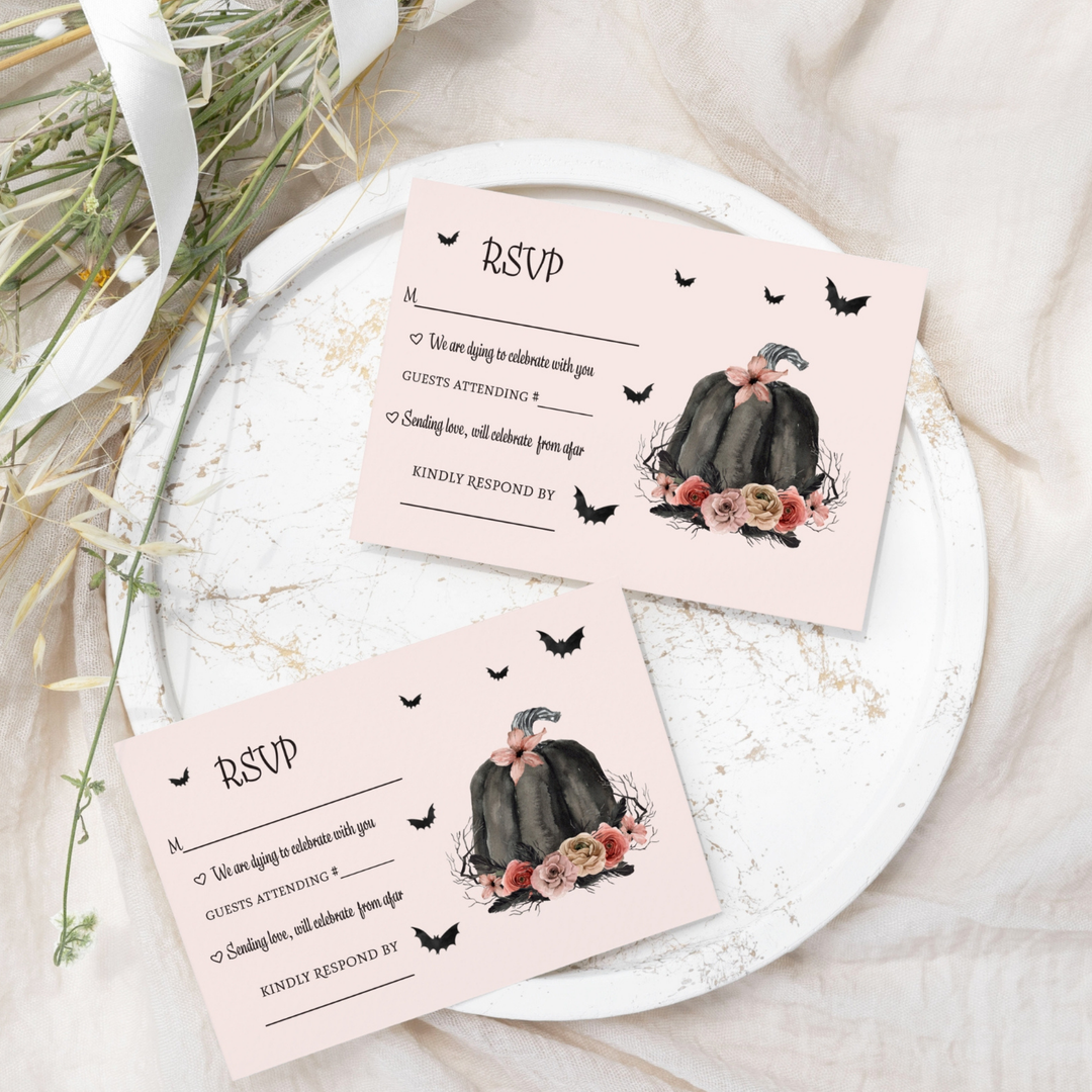 Halloween RSVP Cards - Spooky Chic Gothic Pink & Black Pumpkin Design with Spiders and Floral - Set of 25 - Paper Clever Party