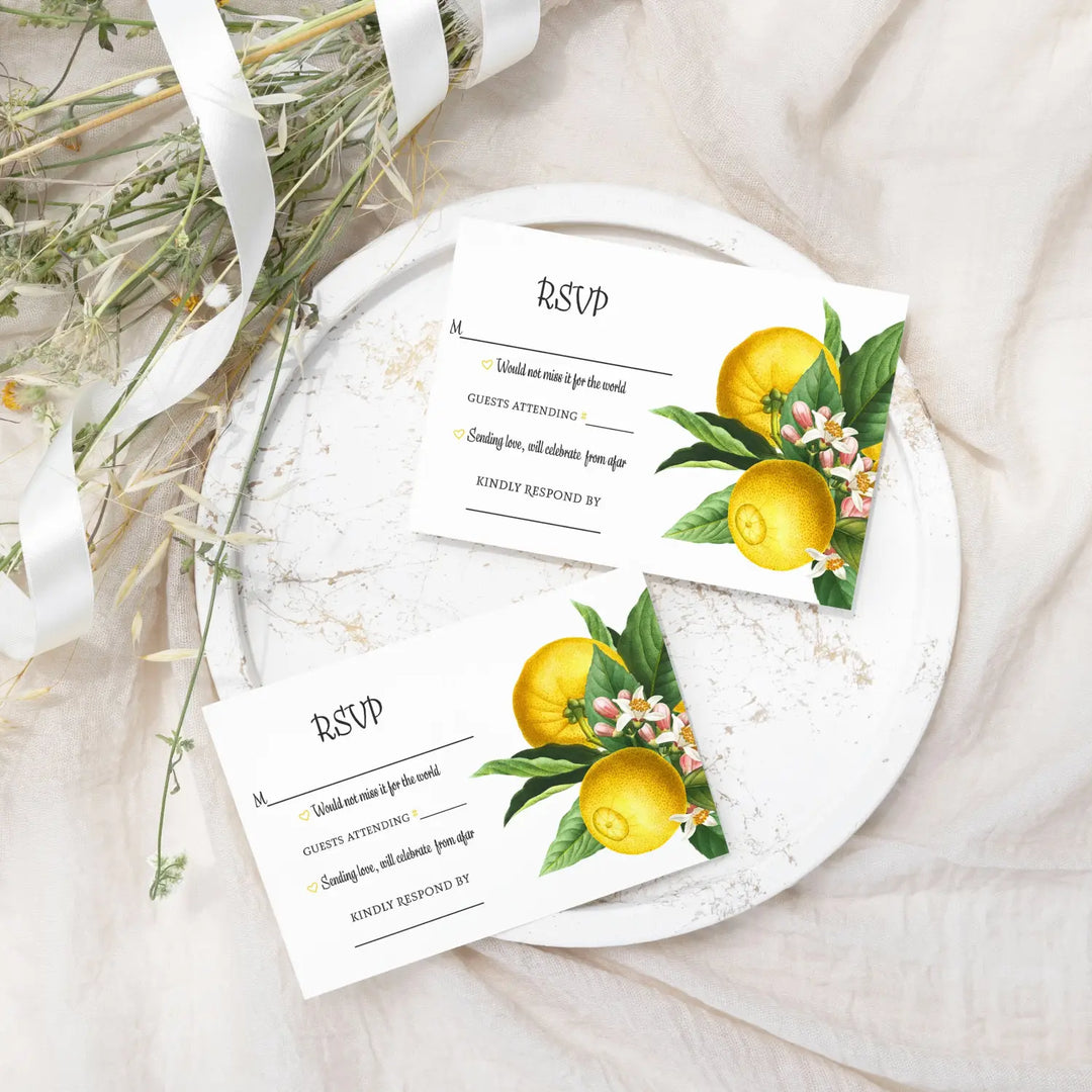 Main Squeeze Lemon Greenery RSVP Cards - Citrus Wedding Response Set, 3.5x5, Envelopes Included, 25 Pack