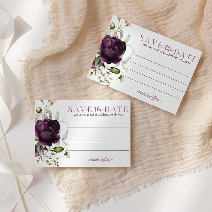 Purple Passion Save the Date Cards with Envelopes - 25 Pack Modern Floral All Occasion Invitations for Weddings, Birthdays & Graduations - 3.5x5 Elegant Design