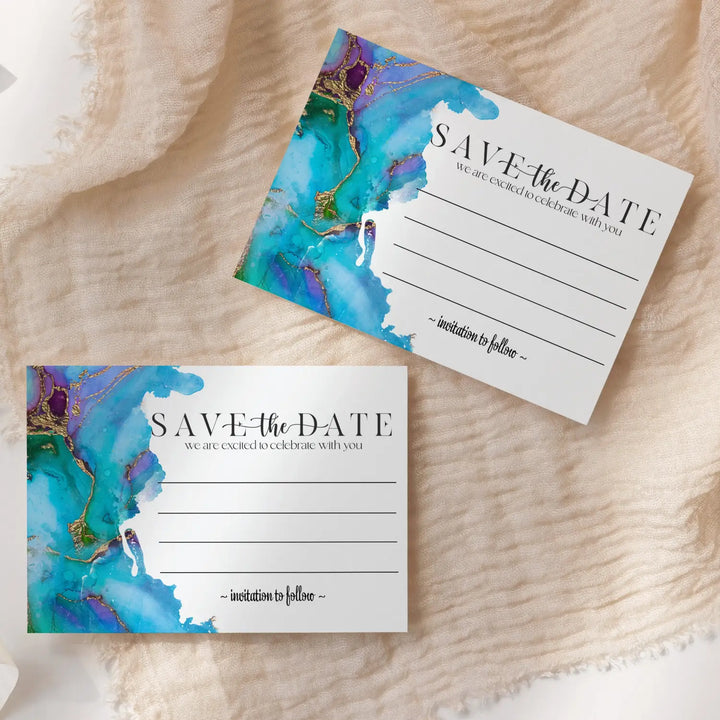 Teal and Purple Save the Date Cards with Envelopes - 25 Pack Modern Watercolor All Occasion Invitations for Weddings, Birthdays & Graduations - 3.5x5 Elegant Design