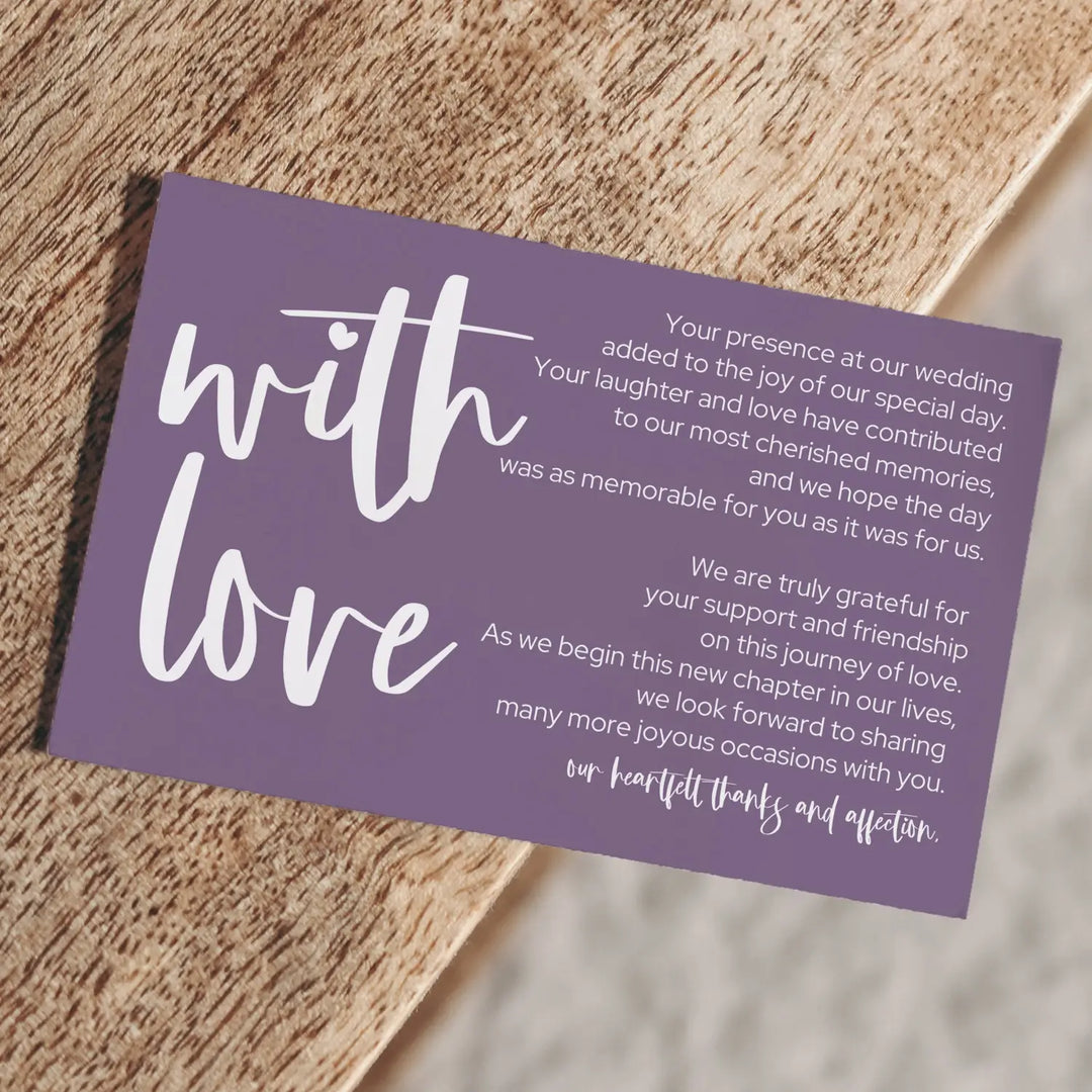 Everafter Plum Wedding Reception Thank You Cards (25 Pack) Modern Table Favors, Elegant Guest Seating Centerpieces, With Love and Gratitude from the Newlyweds, 4x6 Set