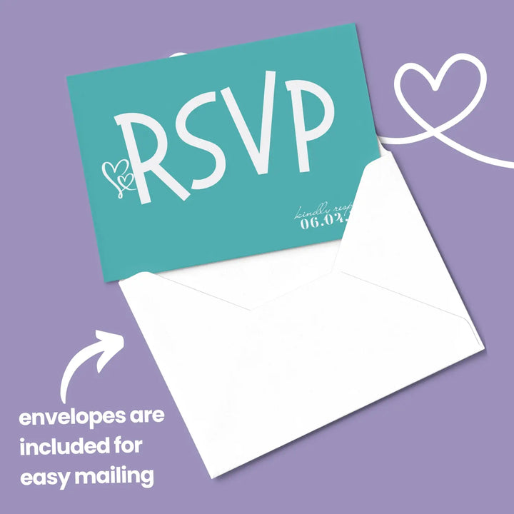 Custom Teal Blue and Purple RSVP Cards - Premium 120lb Cardstock, Elegant Calligraphy, 4x6 Inch Size, Personalized Dates & Names