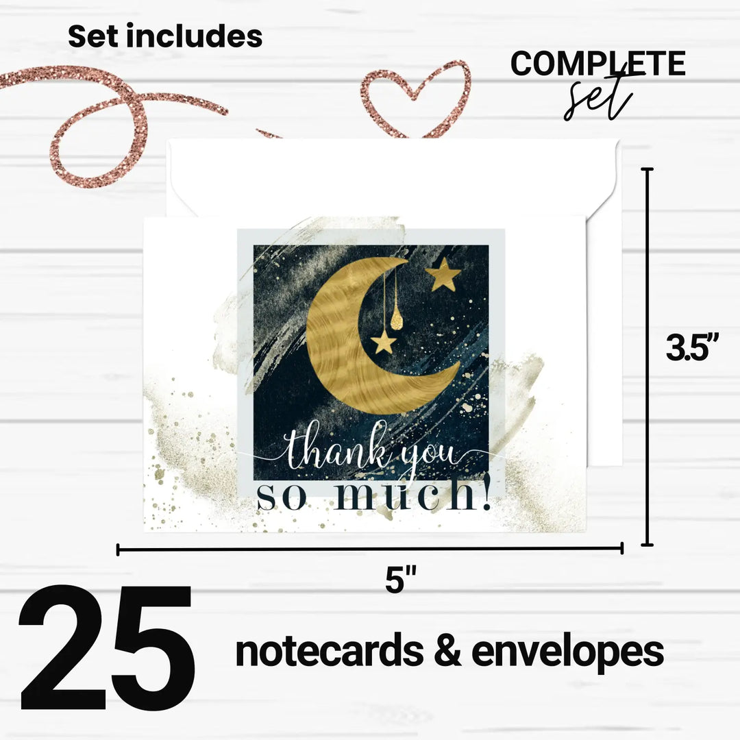 Celestial Star & Moon Themed Thank You Cards - 25-Pack, Blue and Gold Notecards with Envelopes