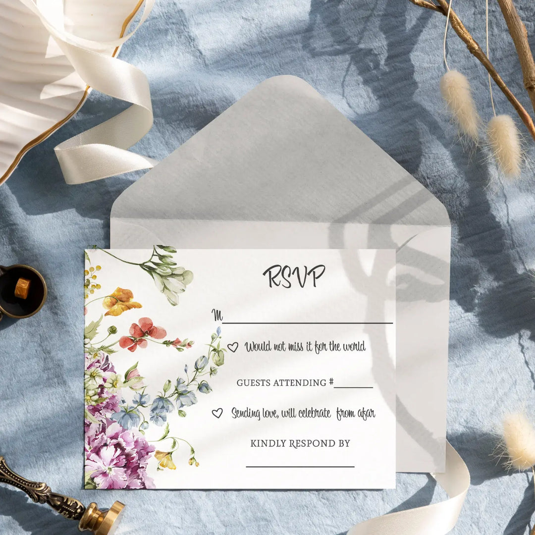 Wildflower Rustic Floral RSVP Cards - Wedding Response Set, 3.5x5, Envelopes Included, 25 Pack