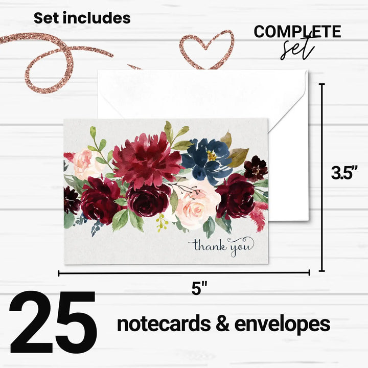 Indigo floral rustic thank you cards - 25-pack notecards with envelopes for all occasions - office product