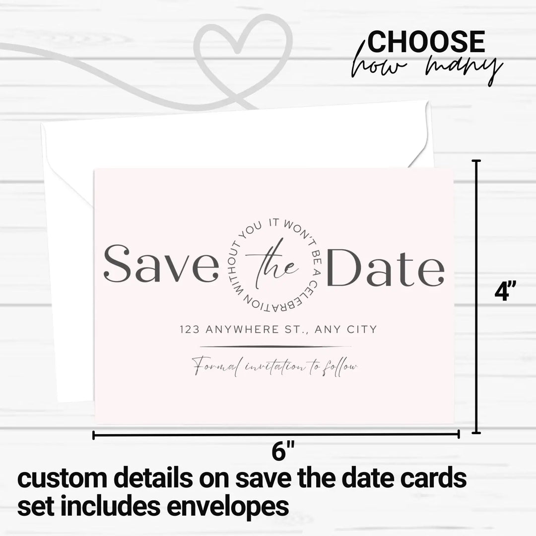 Custom blush and slate gray save the date cards - personalized 4x6 inch invitations with elegant typography white