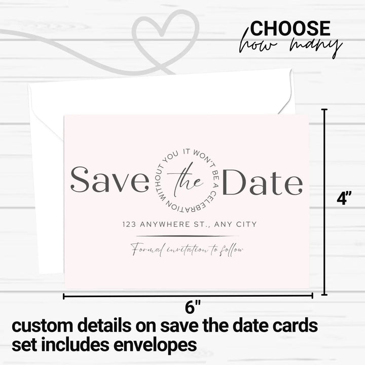 Custom blush and slate gray save the date cards - personalized 4x6 inch invitations with elegant typography white