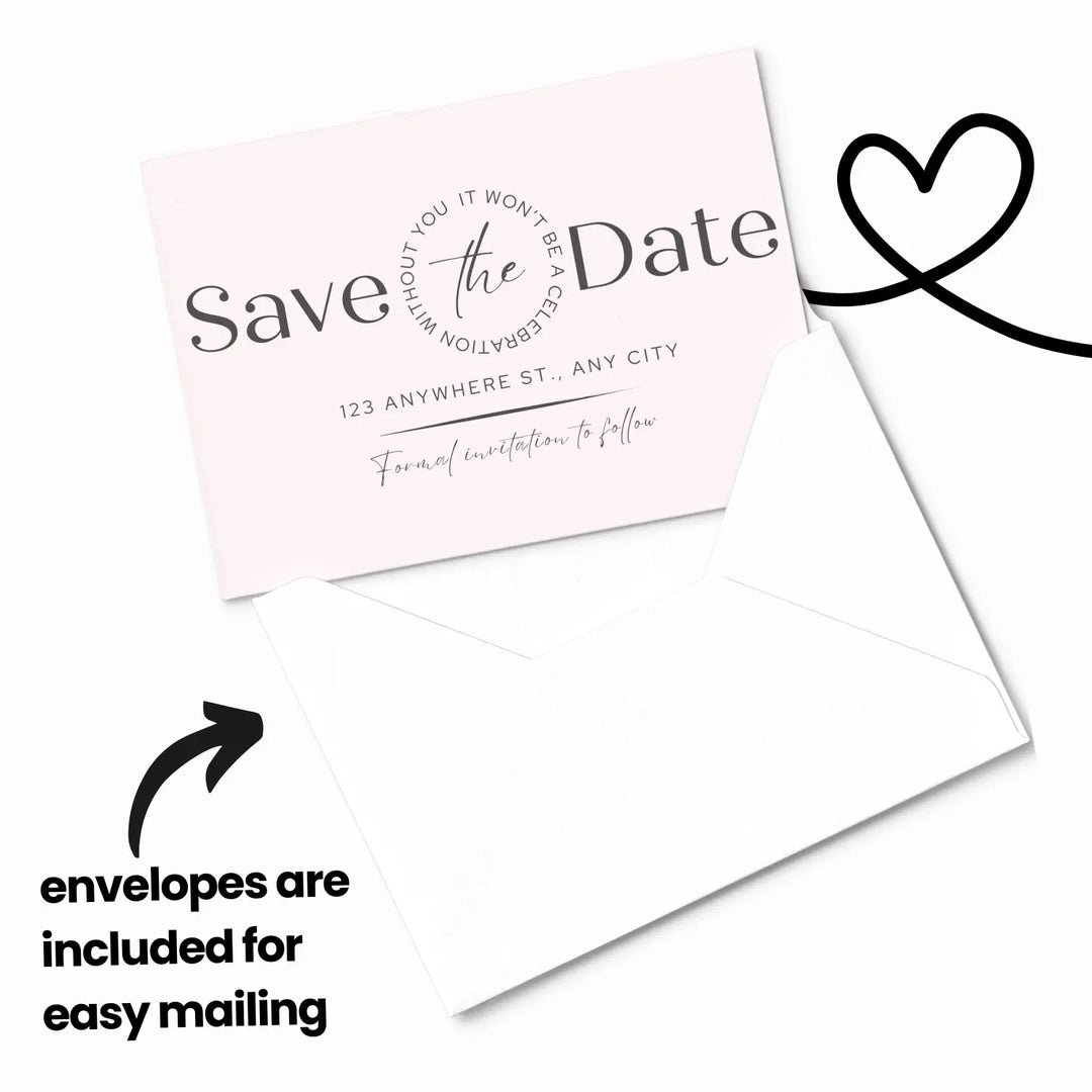 Custom blush and slate gray save the date cards - personalized 4x6 inch invitations with elegant typography white