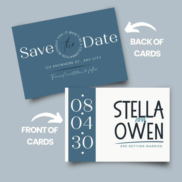 Custom dusty blue cream and black save the date cards - personalized 4x6 inch invitations with elegant typography white
