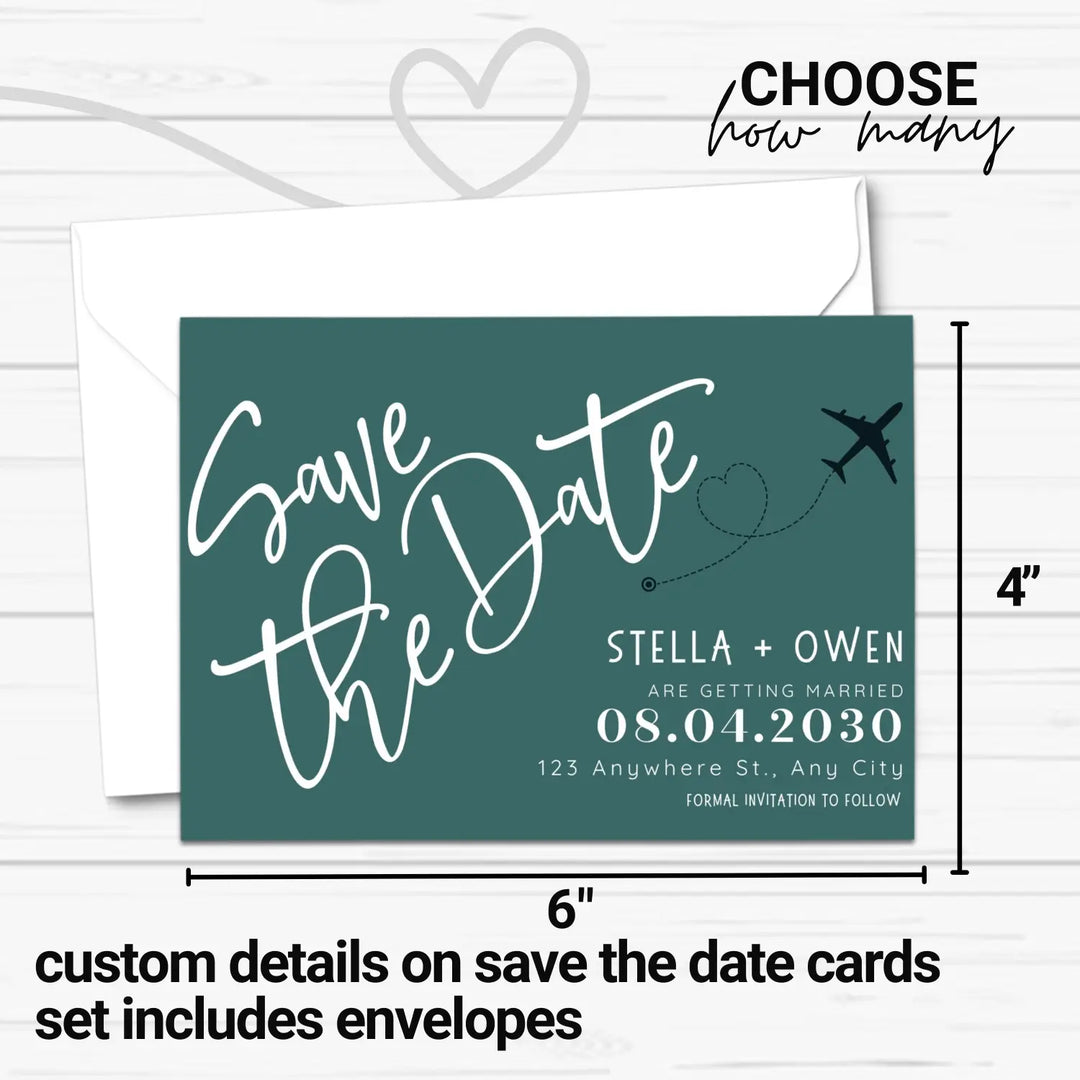 Custom teal black and creamy white save the date cards - personalized 4x6 inch invitations with elegant typography