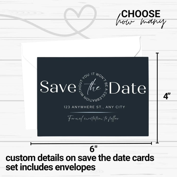 Custom Blue, Black, and White Save the Date Cards - Personalized 4x6 Inch Invitations with Elegant Typography and White Envelopes - Perfect for Weddings, Birthdays, and Showers