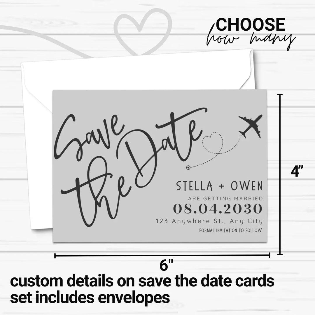 Custom grey and black save the date cards - personalized 4x6 inch invitations with elegant typography white envelopes