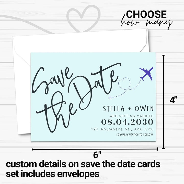 Custom minty aqua and lilac save the date cards - personalized 4x6 inch invitations with elegant typography white