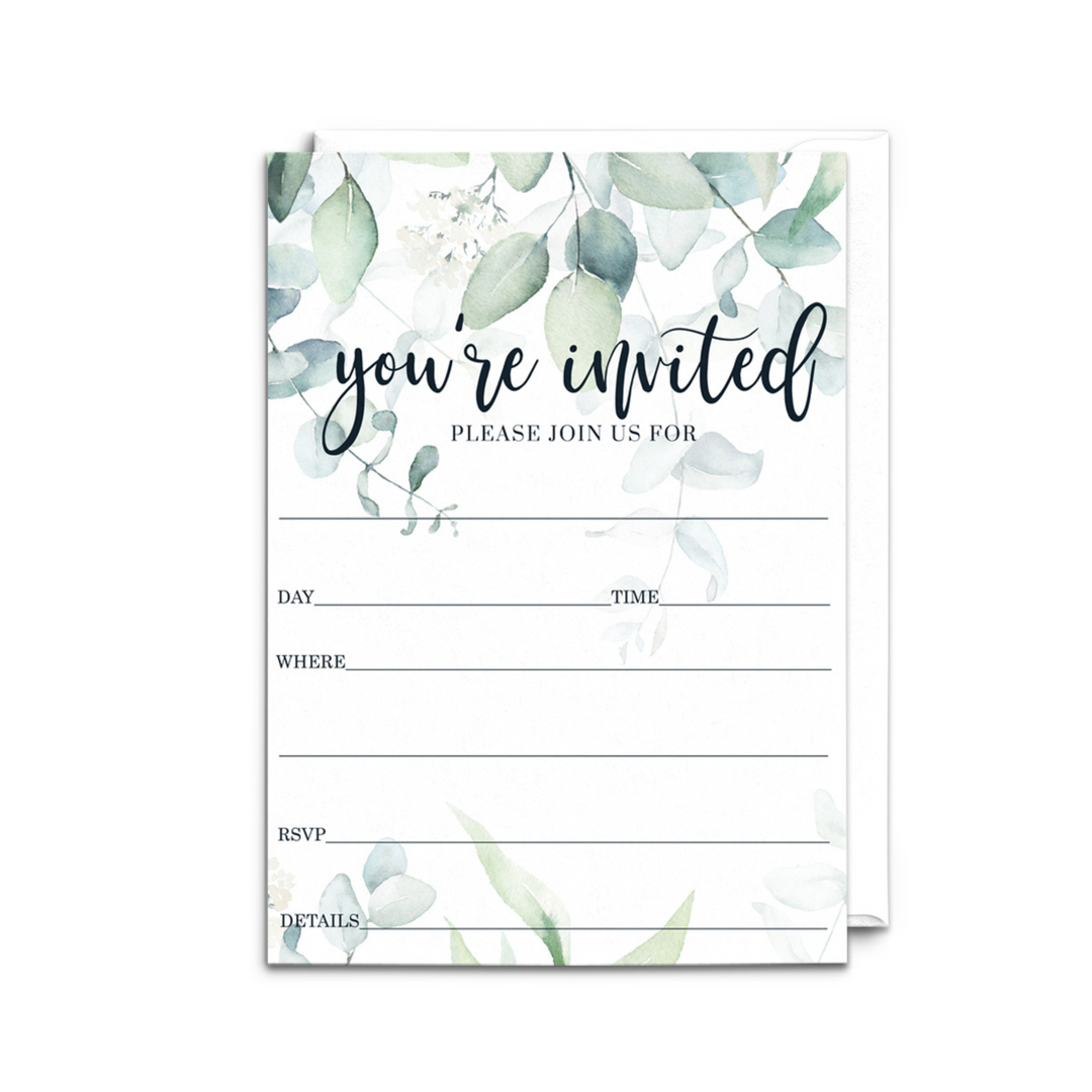 Greenery Bridal Shower Invitations with Envelopes, 25 Pack, Rustic Eucalyptus, 5x7 Blank Cards for All Occasions - Paper Clever Party