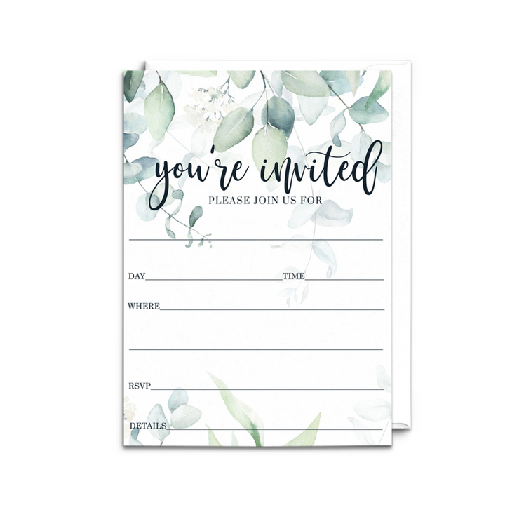 Greenery Bridal Shower Invitations with Envelopes, 25 Pack, Rustic Eucalyptus, 5x7 Blank Cards for All Occasions - Paper Clever Party