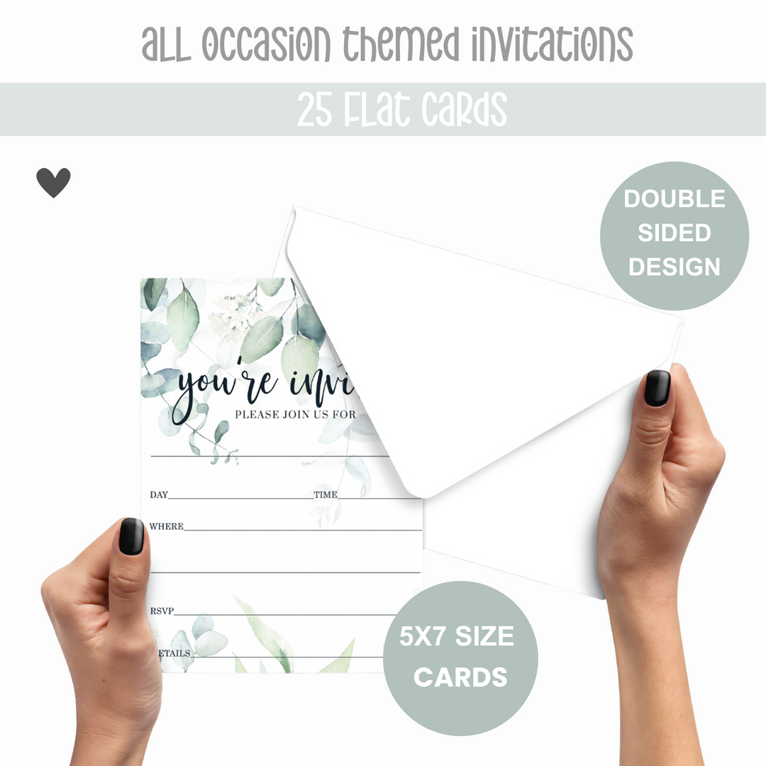 Greenery Bridal Shower Invitations with Envelopes, 25 Pack, Rustic Eucalyptus, 5x7 Blank Cards for All Occasions - Paper Clever Party