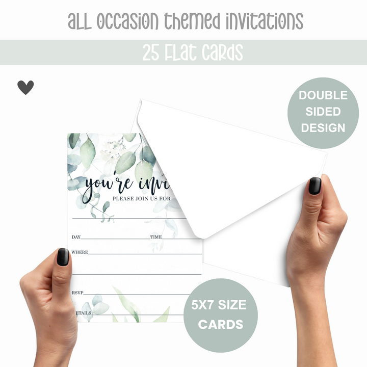 Greenery Bridal Shower Invitations with Envelopes, 25 Pack, Rustic Eucalyptus, 5x7 Blank Cards for All Occasions - Paper Clever Party