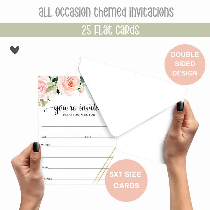 Graceful Floral Invitations with Envelopes, 25 Pack, 5x7 Blank Cards for All Occasions - Paper Clever Party