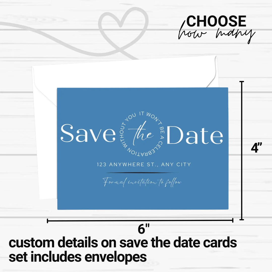 Custom Celestial Blue and Black Save the Date Cards - Personalized 4x6 Inch Invitations with Elegant Typography and White Envelopes - Perfect for Weddings, Birthdays, and Showers