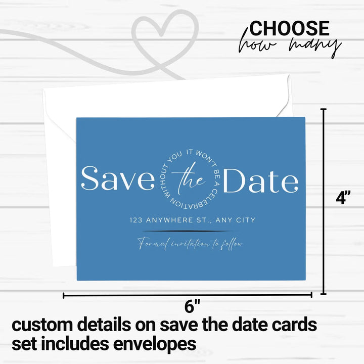 Custom Celestial Blue and Black Save the Date Cards - Personalized 4x6 Inch Invitations with Elegant Typography and White Envelopes - Perfect for Weddings, Birthdays, and Showers