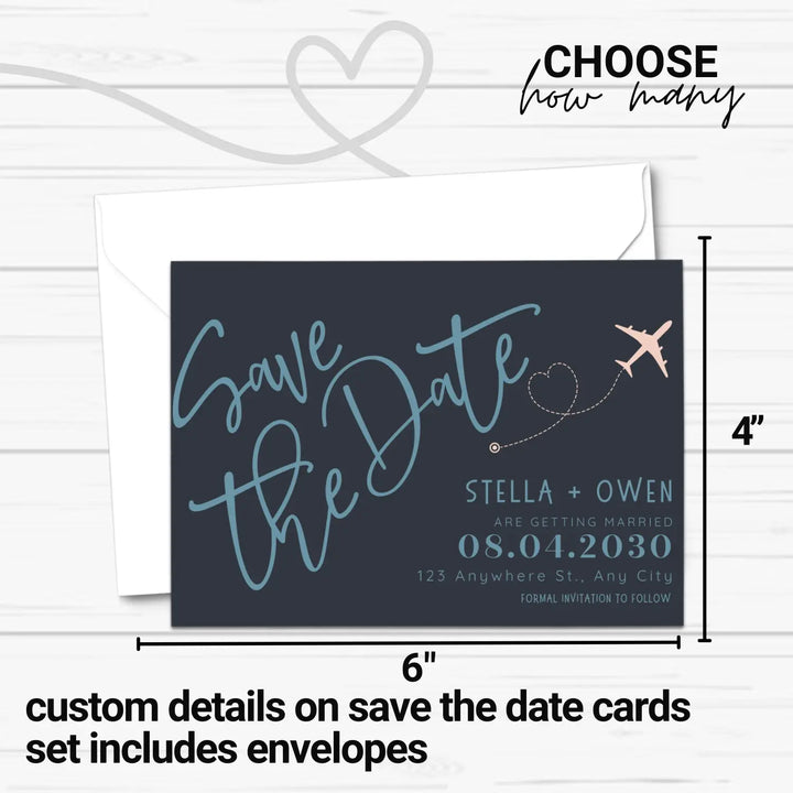 Custom Blush, Black, and Blue Save the Date Cards - Personalized 4x6 Inch Invitations with Elegant Typography and White Envelopes - Perfect for Weddings, Birthdays, and Showers