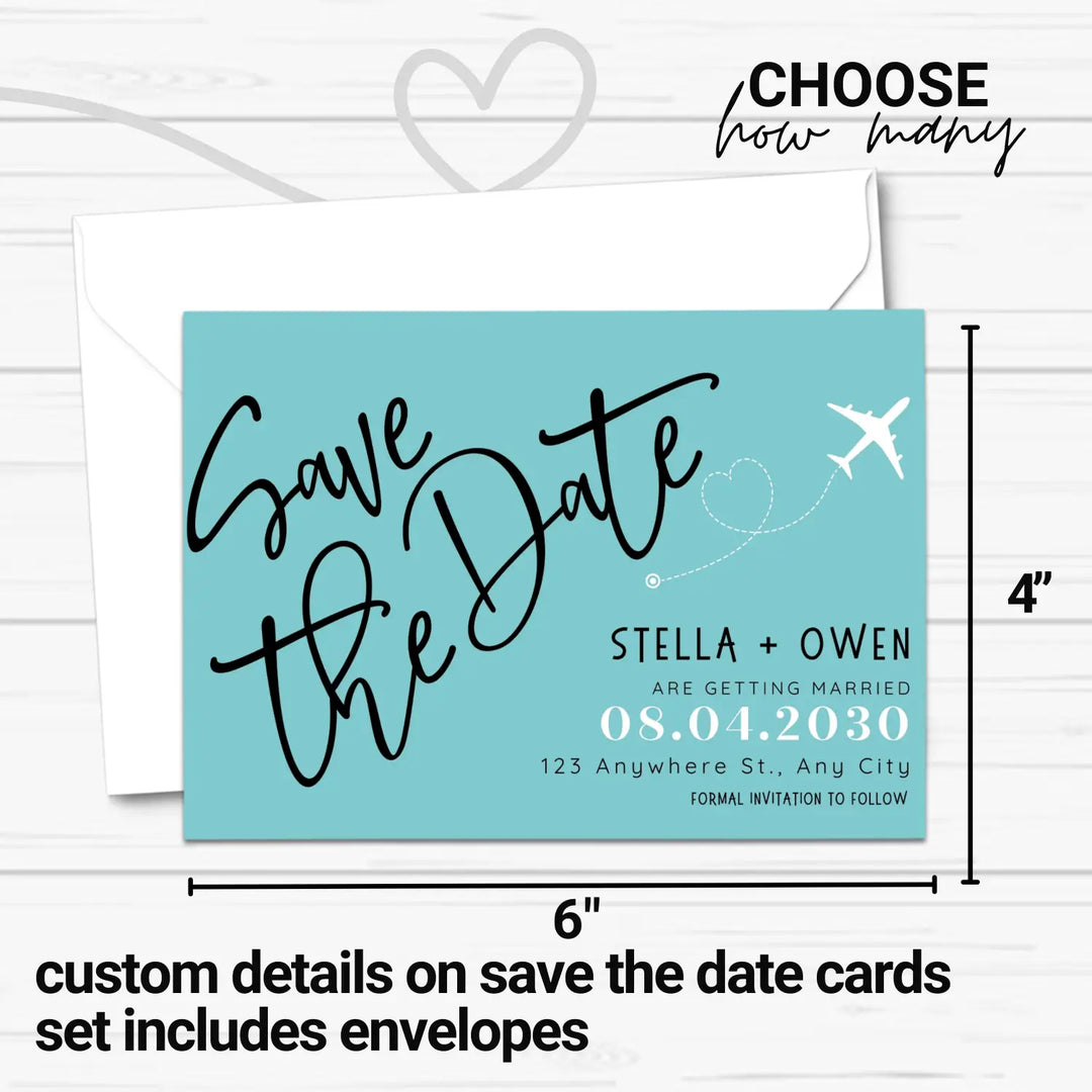 Custom Aqua and Jade Save the Date Cards - Personalized 4x6 Inch Invitations with Elegant Typography and White Envelopes - Perfect for Weddings, Birthdays, and Showers