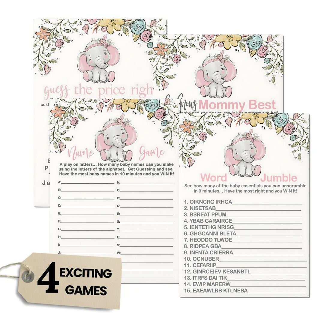 Elephant Elegance - Cottage Elephant Baby Shower Game Set, Pink, 5x7 Cards (25 ct)