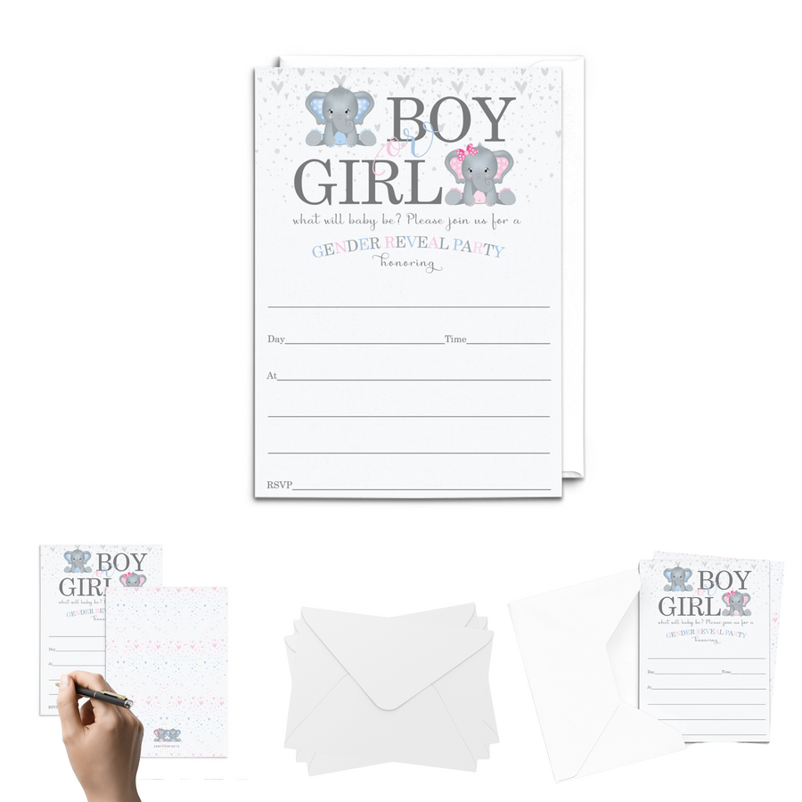 Elephant Gender Reveal Invites - 25ct, Pink & Blue, 5x7 - Paper Clever Party