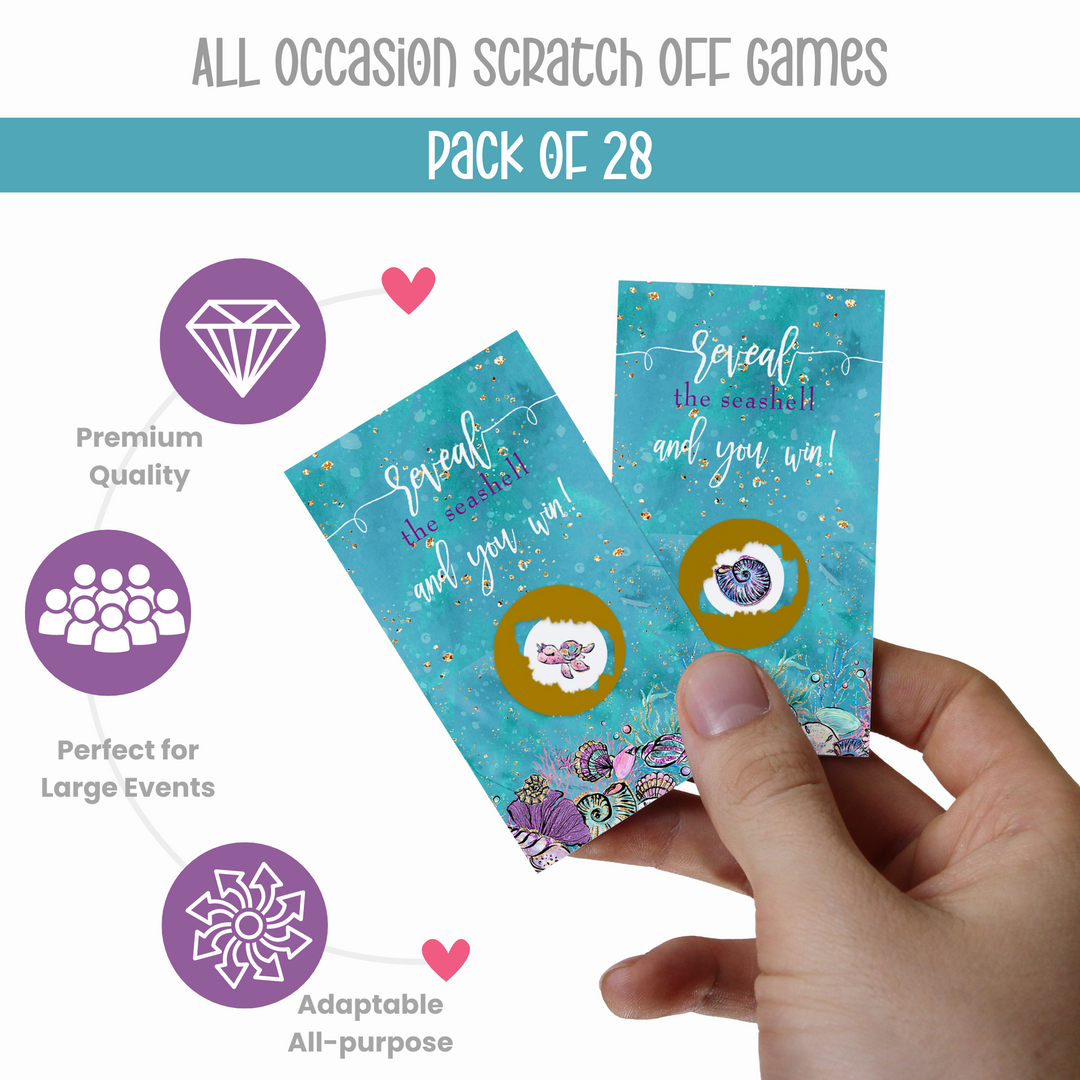 Enchanting Seashells Scratch Off Game Cards (28 Pack) Wedding, Showers, Retirement Purple and Gold - Paper Clever Party