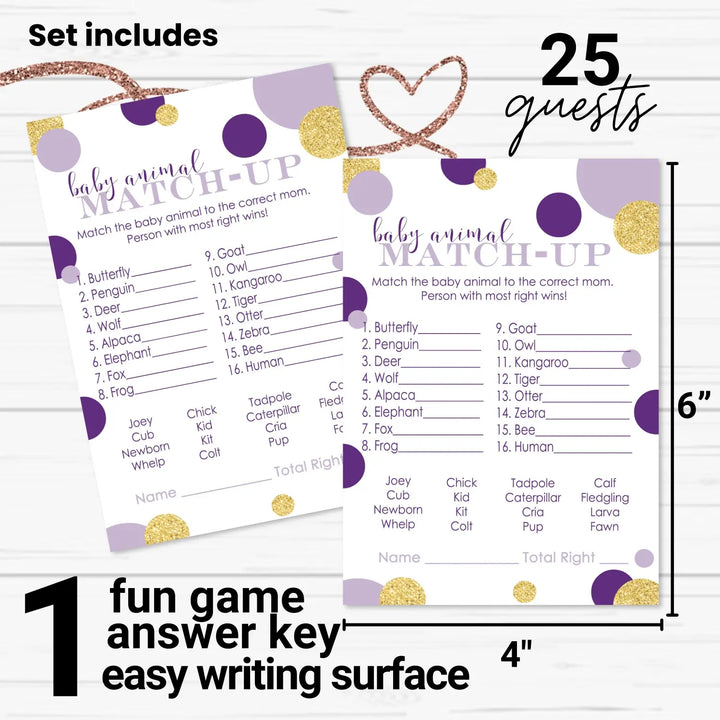 Purple and Gold Baby Shower Game Animal Matching (25 Pack)