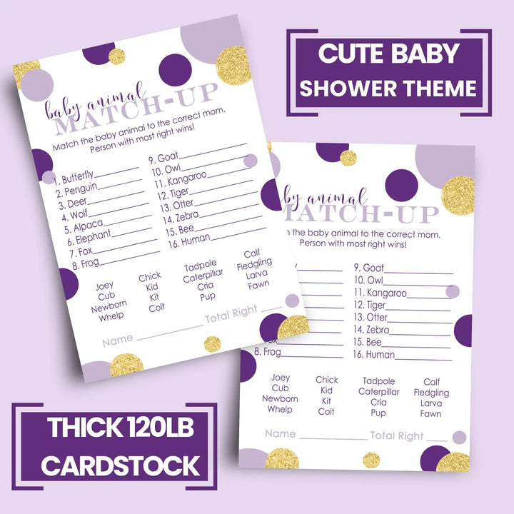 Purple and Gold Baby Shower Game Animal Matching (25 Pack)