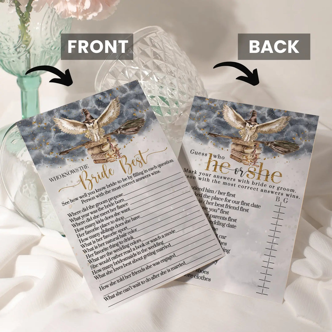 Magic Owl Bridal Shower Games – Bundle Includes He Said or She Said & Who Knows the Bride Best Wedding Shower Game Engagement Party, Rehearsal Dinner, Black and Gold Design, 25 Double-Sided Card