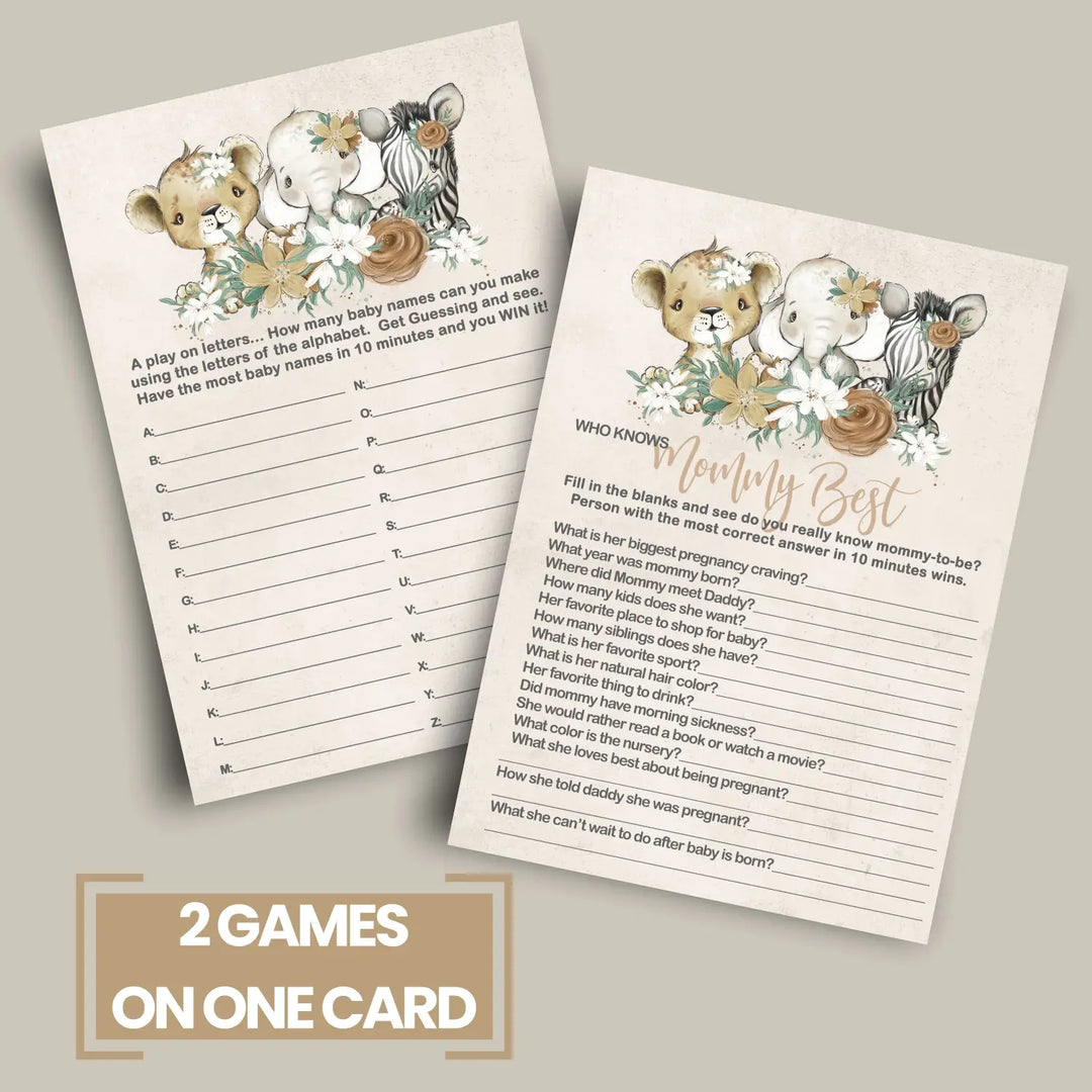 Jungle Jubilee - Flora Safari Baby Shower Game Set, Gold & Greenery, 5x7 Cards (25 ct)