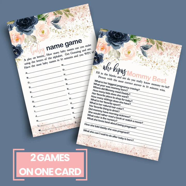 Pink Baby Shower Games for Girl - 25 Baby Shower Activities for Guests, Include Word Scramble, Guess the Price, Baby Name Race and Who Knows Mommy Best, Rustic Floral Theme, Double-Sided 5x7 Cards