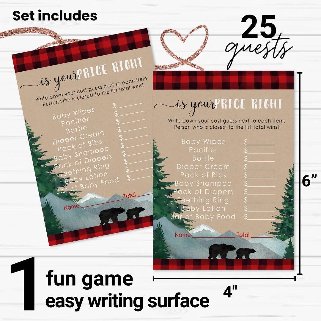 Lumberjack Guess the Price Baby Shower Games – 25 Guests, Rustic Bear Themed Activities for Boys, Red and Black Plaid 4x6 Card Set