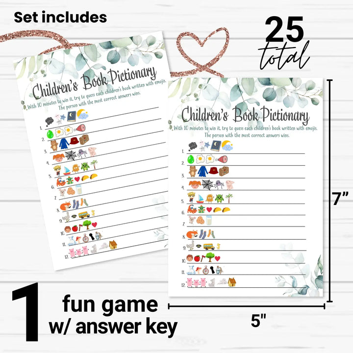 Paper Clever Party Greenery Baby Shower Pictogram Guessing Game - Rustic Floral Eucalyptus Design for Girls, Interactive Storybook Challenge, 25 Card Pack