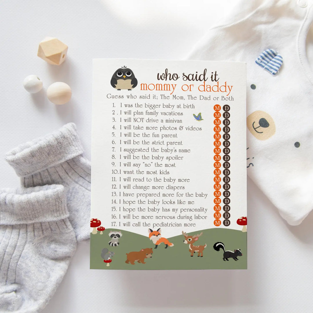 Woodland Mommy or Daddy Baby Shower Game - 25 Pack Guess Who Activity Cards, Cute Rustic Gender Reveal Themes, Printed 5x7 Set