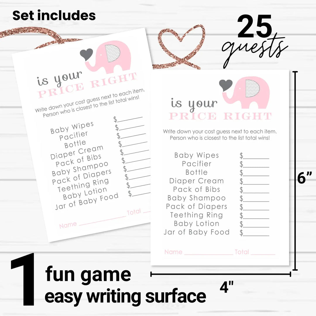 Pink Elephant Guess the Price Baby Shower Games – 25 Guests, Modern Princess Themed Activities for Girls, Jungle Animal 4x6 Card Set