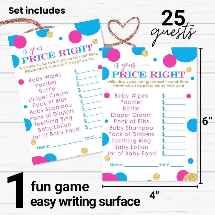 Gender Reveal Guess the Price Baby Shower Games – 25 Guests, Pink and Blue Themed Activities, Neutral Baby Shower Ideas, 4x6 Card Set