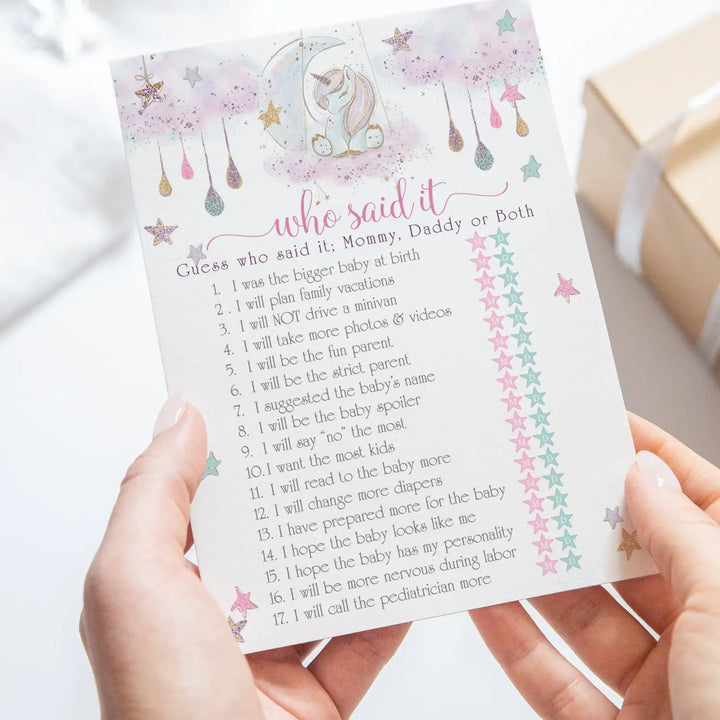 Unicorn Mommy or Daddy Baby Shower Game - 25 Pack Guess Who Activity Cards, Girls Rainbow Stars Themed, Printed 5x7 Set