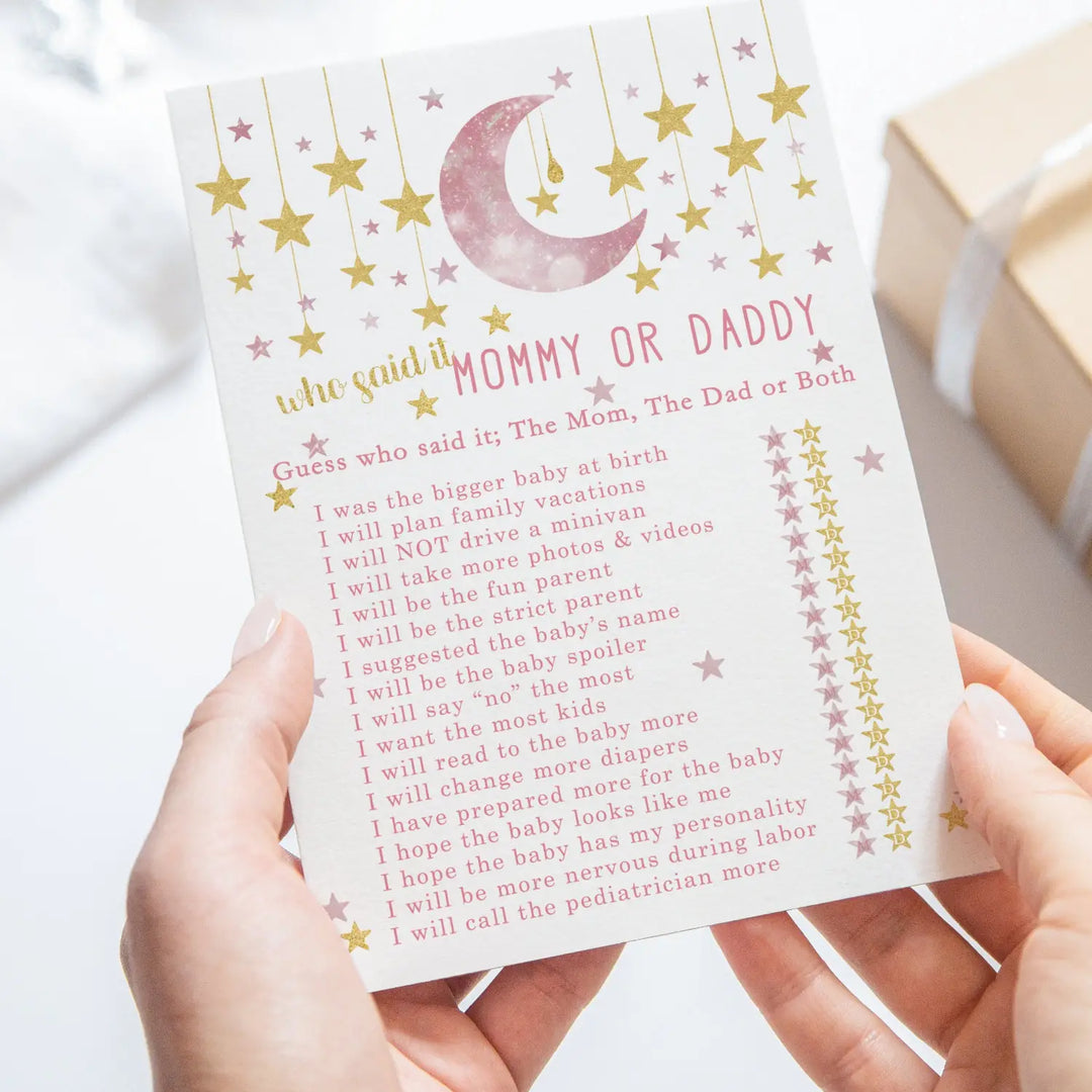 Pink and Gold Baby Shower Game Mommy or Daddy - 25 Pack Guess Who Activity Cards, Twinkle Little Star Princess Themed, Printed 5x7 Set