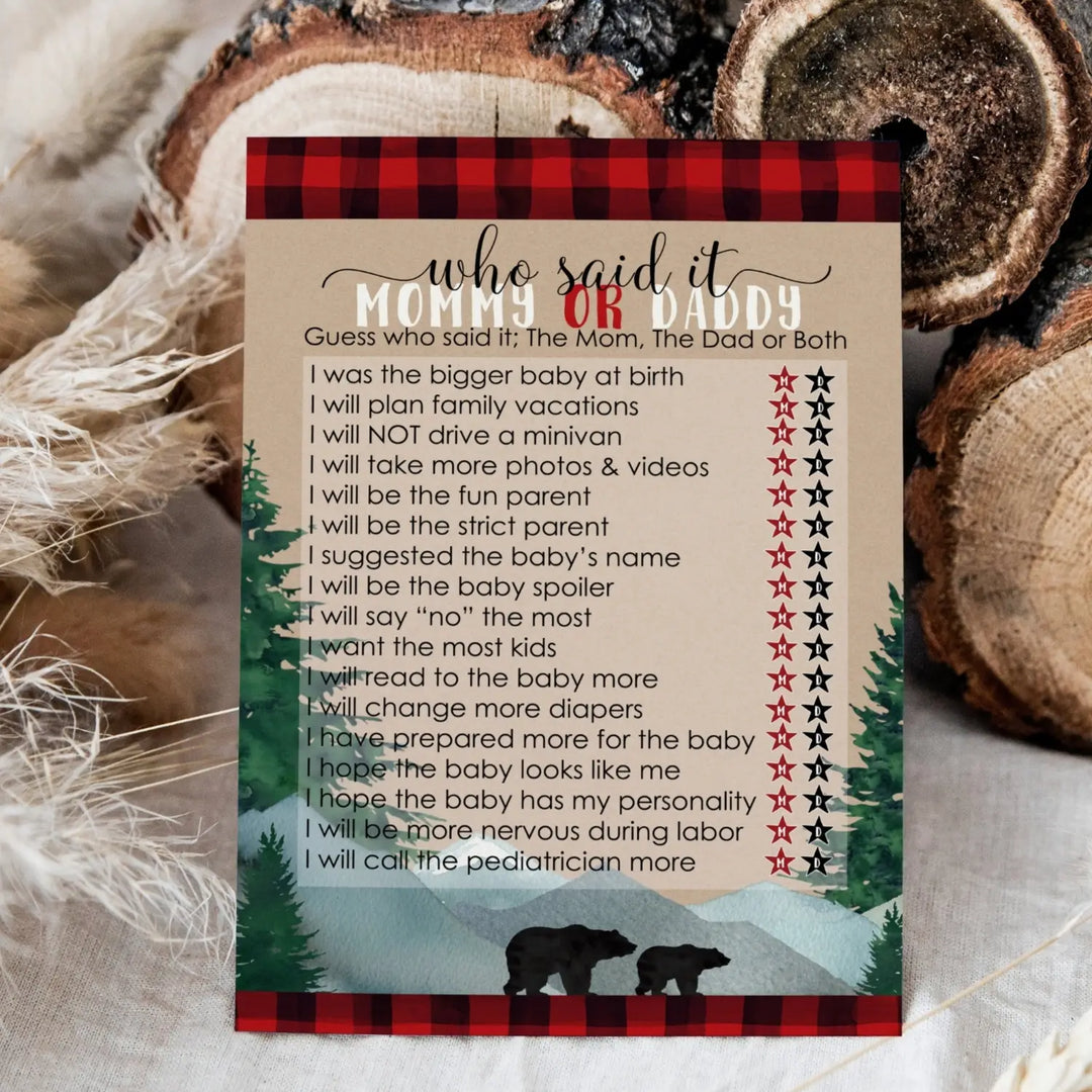 Lumberjack Mommy or Daddy Baby Shower Game - 25 Pack Guess Who Activity Cards, Plaid Red and Black Bear Themed Favors, Printed 5x7 Set