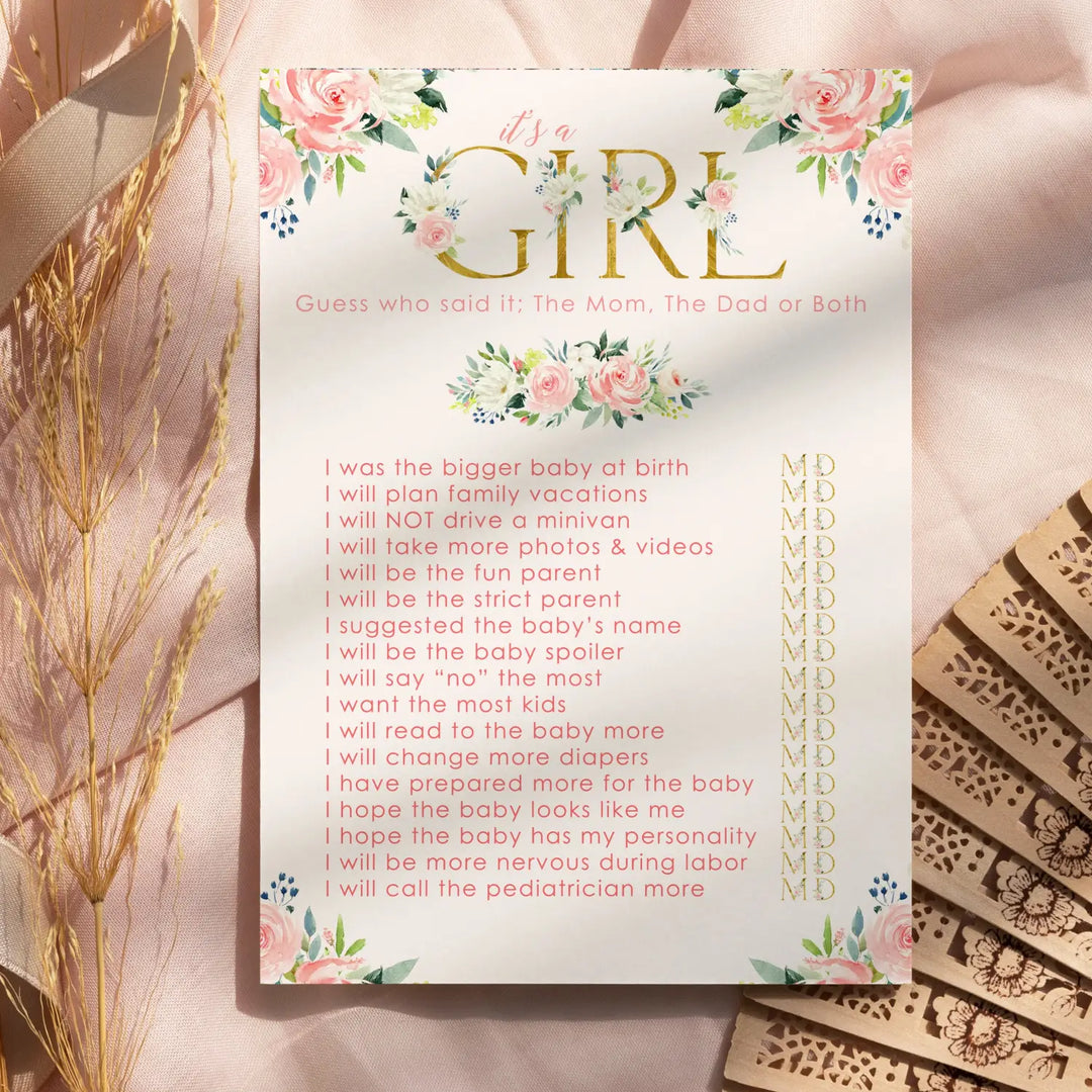 Oh Girl Baby Shower Game Mommy or Daddy - 25 Pack Guess Who Activity Cards, Rustic Floral Themed Pink and Gold, Printed 5x7 Set